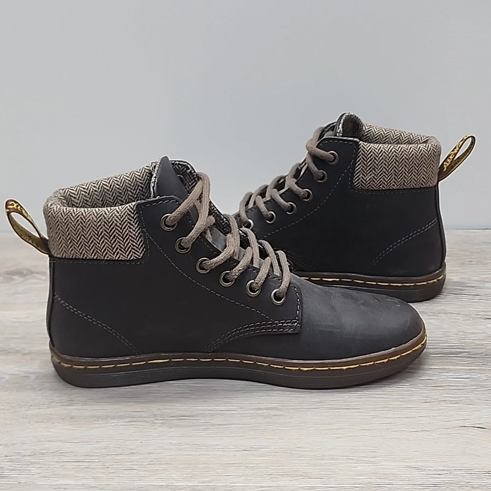 ​Dr. Martens Women Maelly Dark Brown Leather Boots w/Herringbone Tweed Cuff 6 - Picture 4 of 12